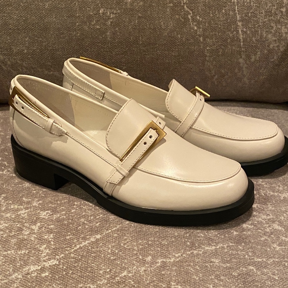 Vince Camuto Cream Loafers with Gold Buckle